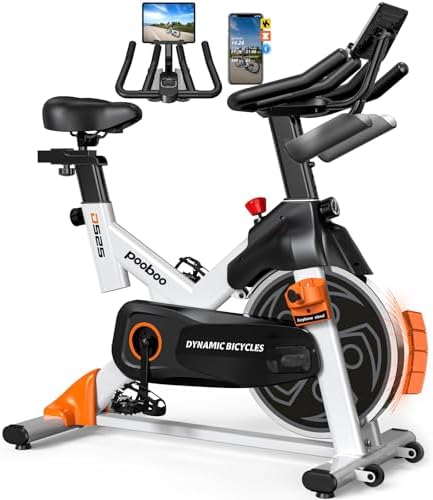 pooboo Exercise Bike, Brake Pad Stationary Bike for Home with Exclusive App, Adjustable Resistance Quiet Indoor Cycling Bike with 350lbs Weight Capacity Extra Comfort Seat,Indoor Cycling Spin Bike Workout Bike with Tablet Holder and Fitness Courses for Weight Loss|B0H41TM8KX