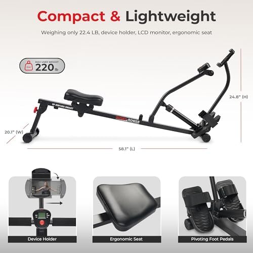 Sunny Health & Fitness Compact Adjustable Rowing Machine with 12 Levels of Resistance for Complete Body Workouts and Optional Free SunnyFit App Enhanced Connectivity|B0C8342FMM