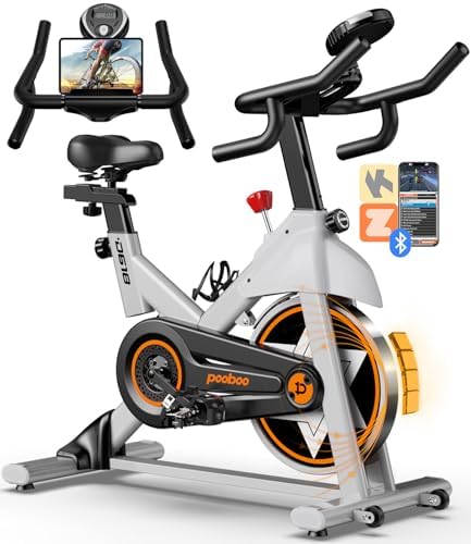 pooboo Exercise Bike, Brake Pad Stationary Bike for Home with Exclusive App, Adjustable Resistance Quiet Indoor Cycling Bike with 350lbs Weight Capacity Extra Comfort Seat,Indoor Cycling Spin Bike Workout Bike with Tablet Holder and Fitness Courses for Weight Loss|B0H41TM8KX