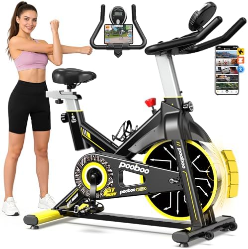 pooboo Exercise Bike, Brake Pad Stationary Bike for Home with Exclusive App, Adjustable Resistance Quiet Indoor Cycling Bike with 350lbs Weight Capacity Extra Comfort Seat,Indoor Cycling Spin Bike Workout Bike with Tablet Holder and Fitness Courses for Weight Loss|B0H41TM8KX