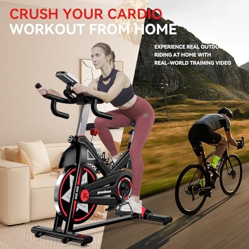 pooboo Exercise Bike, Brake Pad Stationary Bike for Home with Exclusive App, Adjustable Resistance Quiet Indoor Cycling Bike with 350lbs Weight Capacity Extra Comfort Seat,Indoor Cycling Spin Bike Workout Bike with Tablet Holder and Fitness Courses for Weight Loss|B0H41TM8KX
